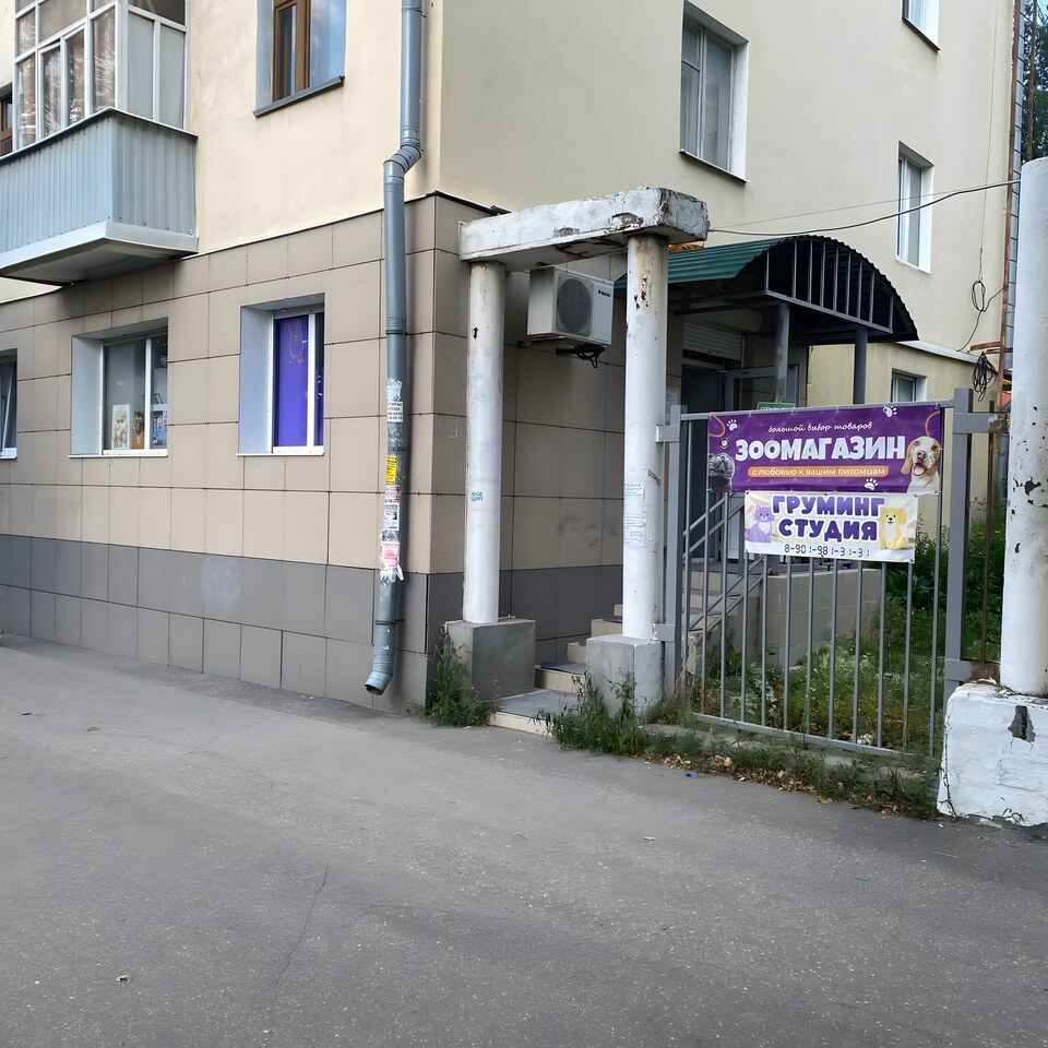 Вход в зоомагазин и груминг-салон «Зая и Белочка» на улице Циолковского, 7