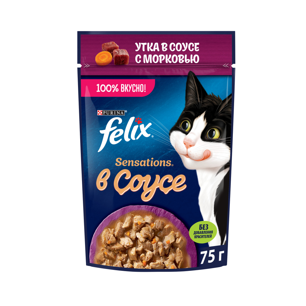 Влажный корм для кошек Felix Sensations, утка, морковь, соус, пауч, 75 г