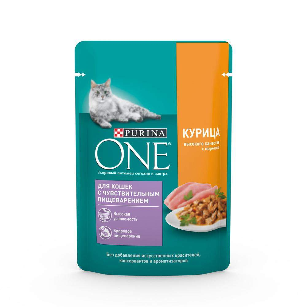 Влажный корм для кошек Purina One, для кошек с чувствительным пищеварением, с курицей и морковью, кусочки в соусе, пауч, 75 г