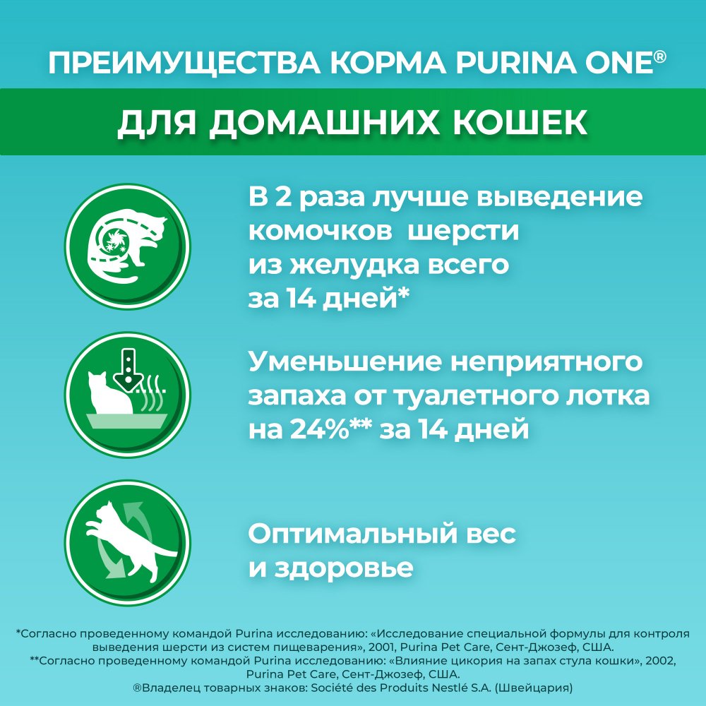 Сухой корм для кошек Purina One при домашнем образе жизни с индейкой и злаками, 3 кг