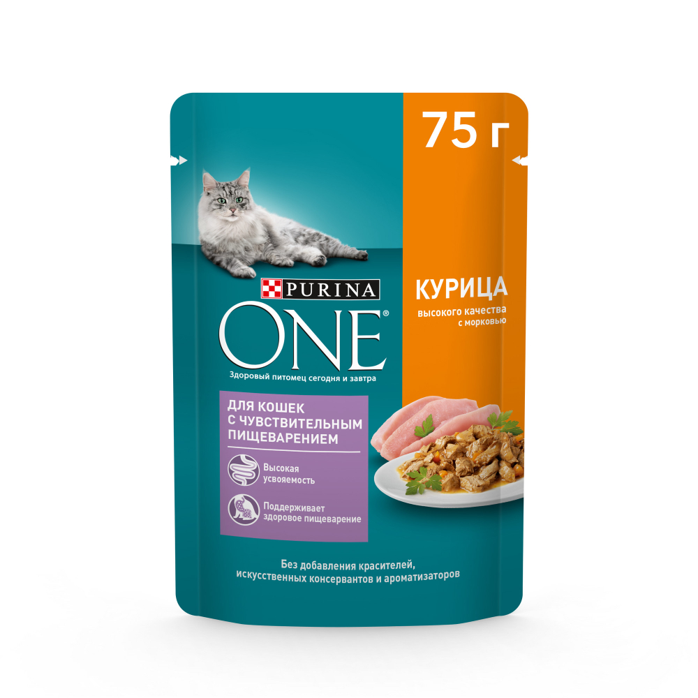 Влажный корм для кошек Purina One, для кошек с чувствительным пищеварением, с курицей и морковью, кусочки в соусе, пауч, 75 г