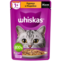 Влажный корм для кошек Whiskas, с курицей и индейкой, кусочки в желе, пауч, 75 г