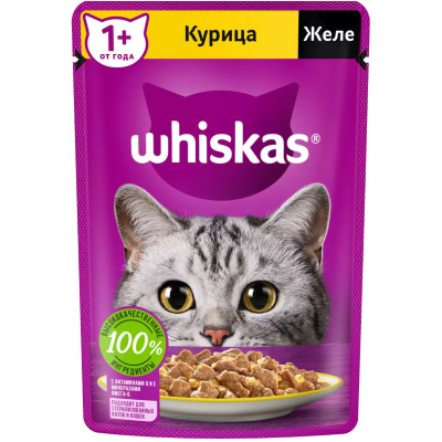 Влажный корм для кошек Whiskas, с курицей, кусочки в желе, пауч, 75 г