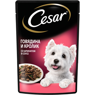 Влажный корм для собак Cesar, со вкусом говядины, кролика и шпината, в соусе, пауч, 85 г